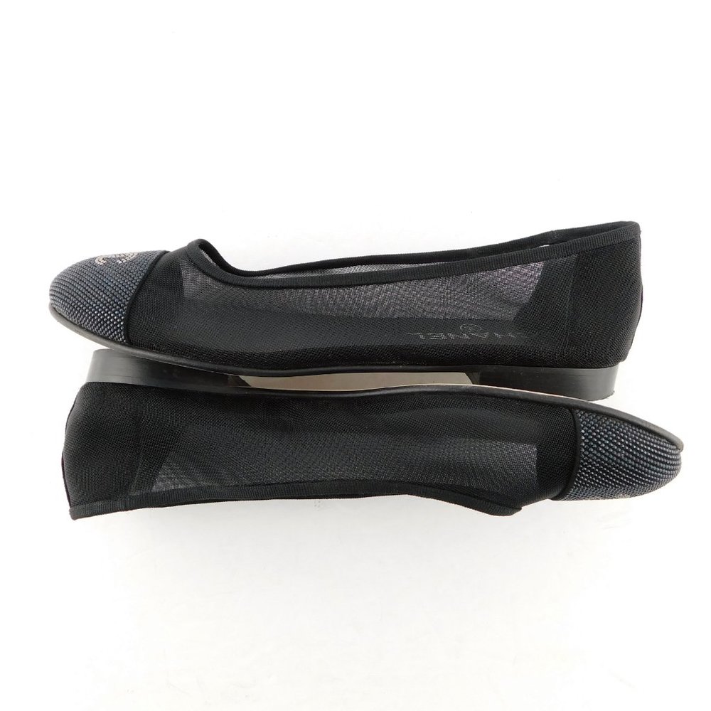 CHANEL Black Crystal CC Logo Cap Toe Mesh Suede Ballet Flats 37.5 - Picture 6 of 9